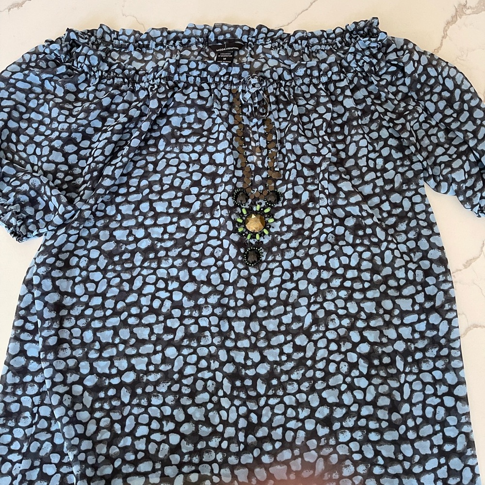 Vistoria’s Secret Mode International sheer blue black boho style top